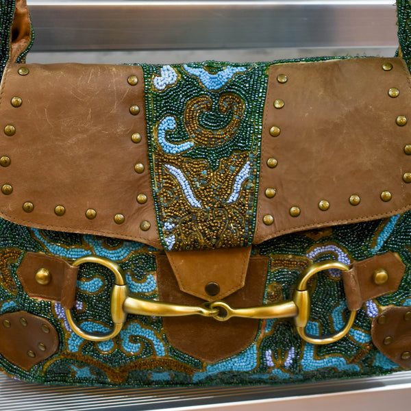 Turquoise/Tan/Aqua Genuine Leather Shoulder Bag