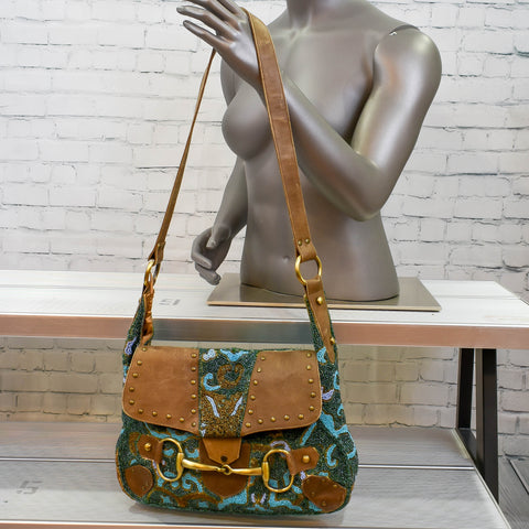 Turquoise/Tan/Aqua Genuine Leather Shoulder Bag