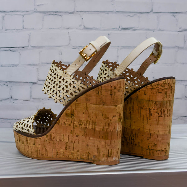 Tory Burch Ivory Leather Cork Wedges