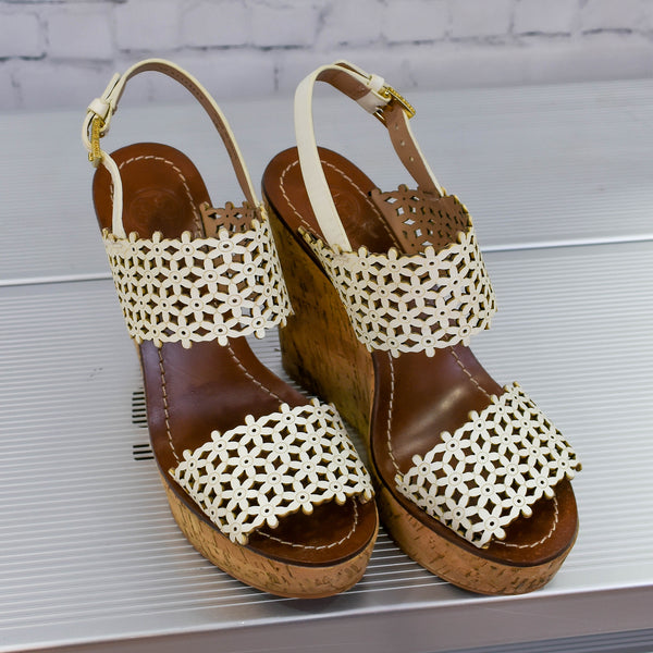 Tory Burch Ivory Leather Cork Wedges